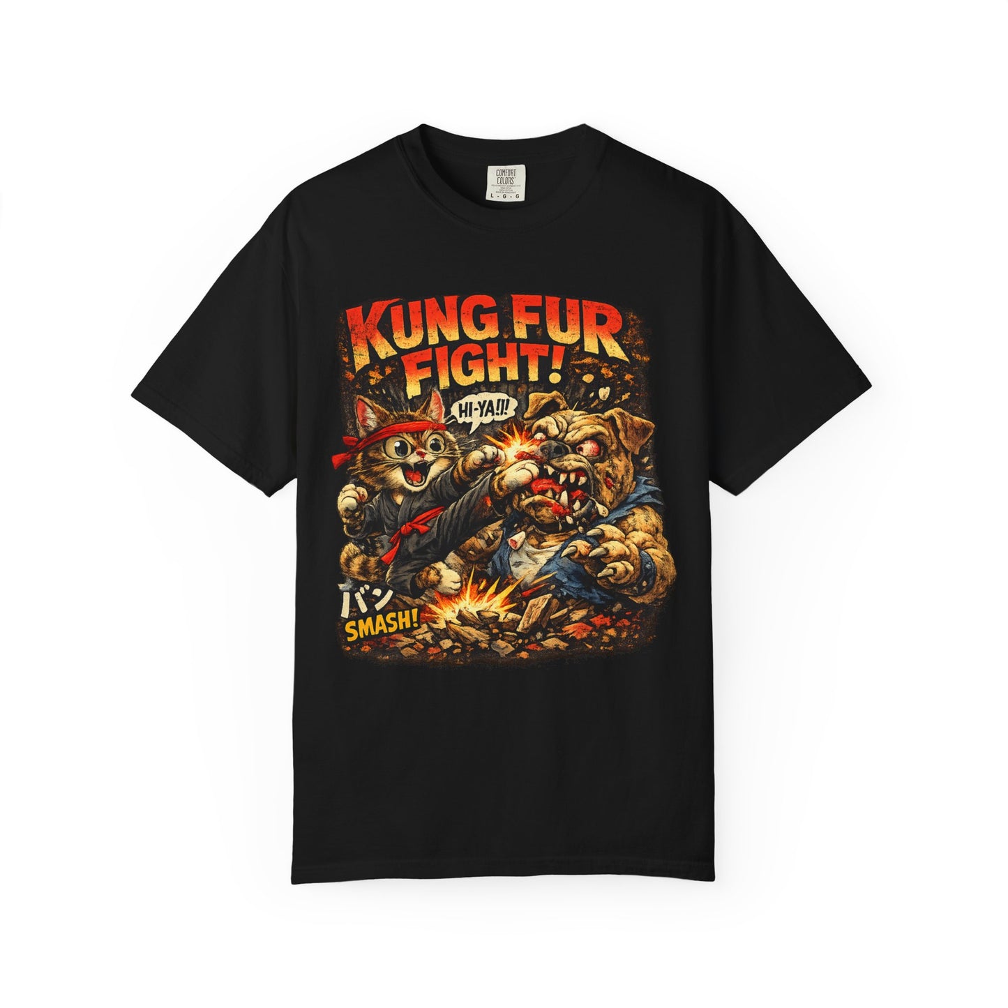 Kung Fur Fight T-Shirt — Retro Cat vs Dog Martial Arts Graphic Tee