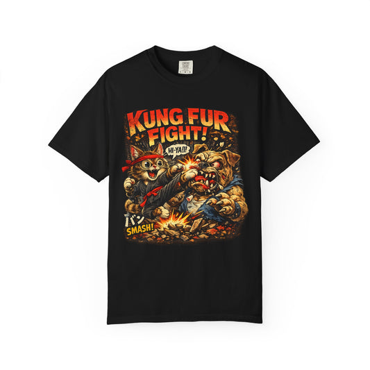 Kung Fur Fight T-Shirt — Retro Cat vs Dog Martial Arts Graphic Tee