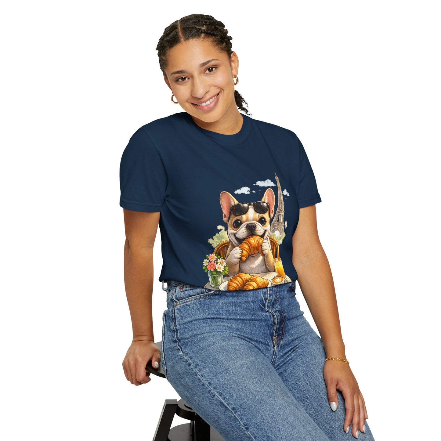 French Bulldog Breakfast T-Shirt — Croissant Café Tee with Eiffel Tower
