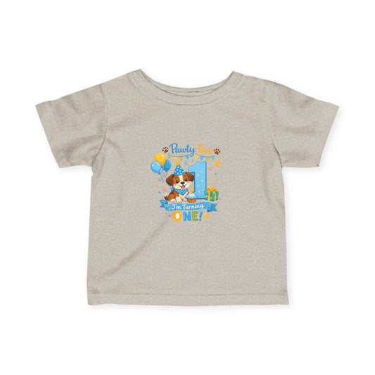 1st Birthday Infant Tee — "Party Time! Turning One" Cute Puppy Balloon Design