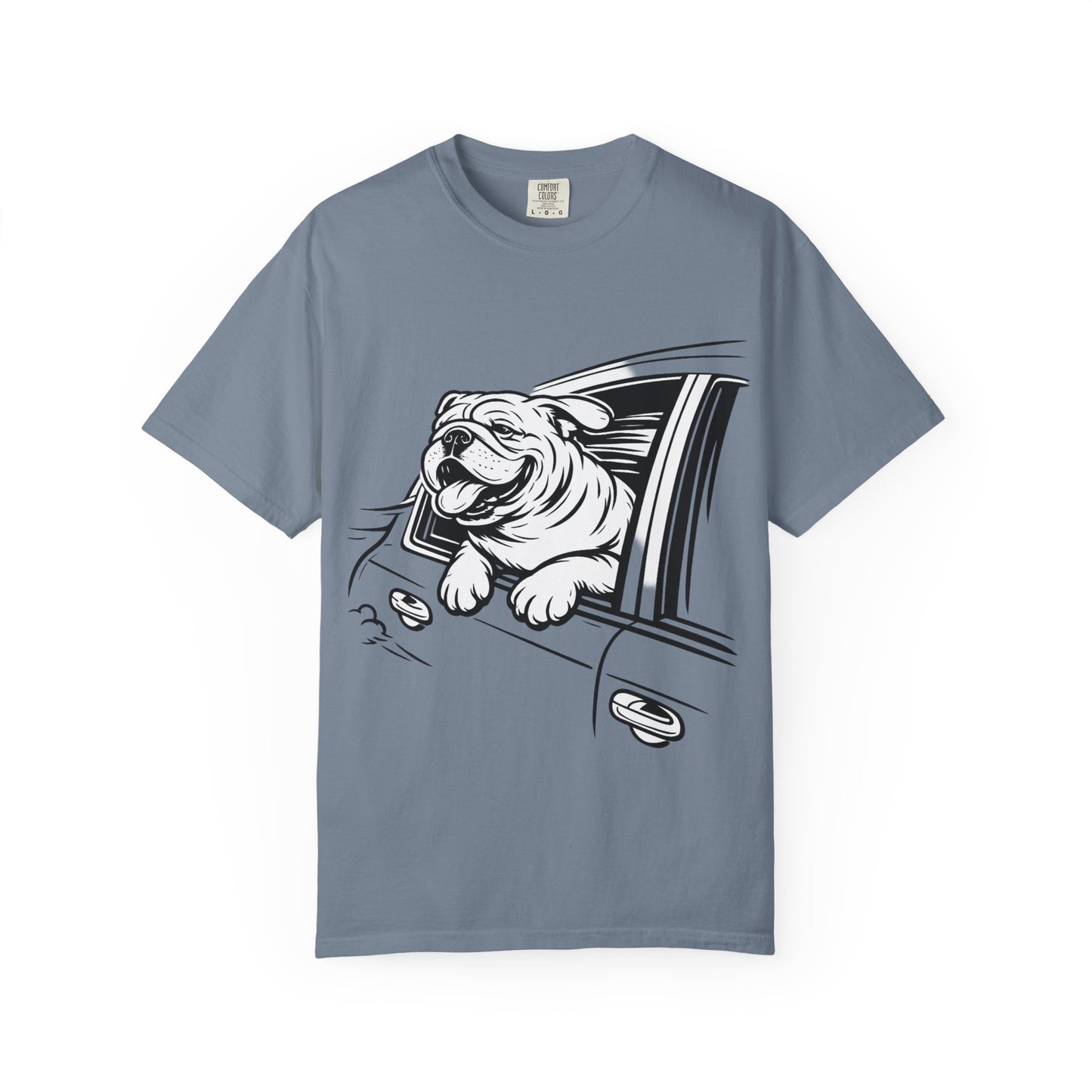 Bulldog Head Out Car Window T-Shirt — Cute Driving Dog Tee