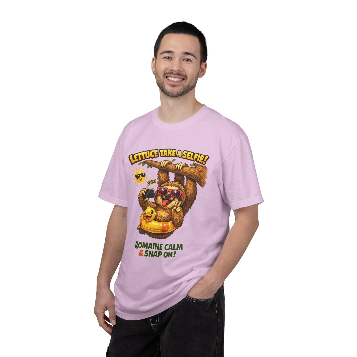 Romaine Calm & Snap On T-Shirt — 'Lettuce Take a Selfie' Sloth Graphic Tee
