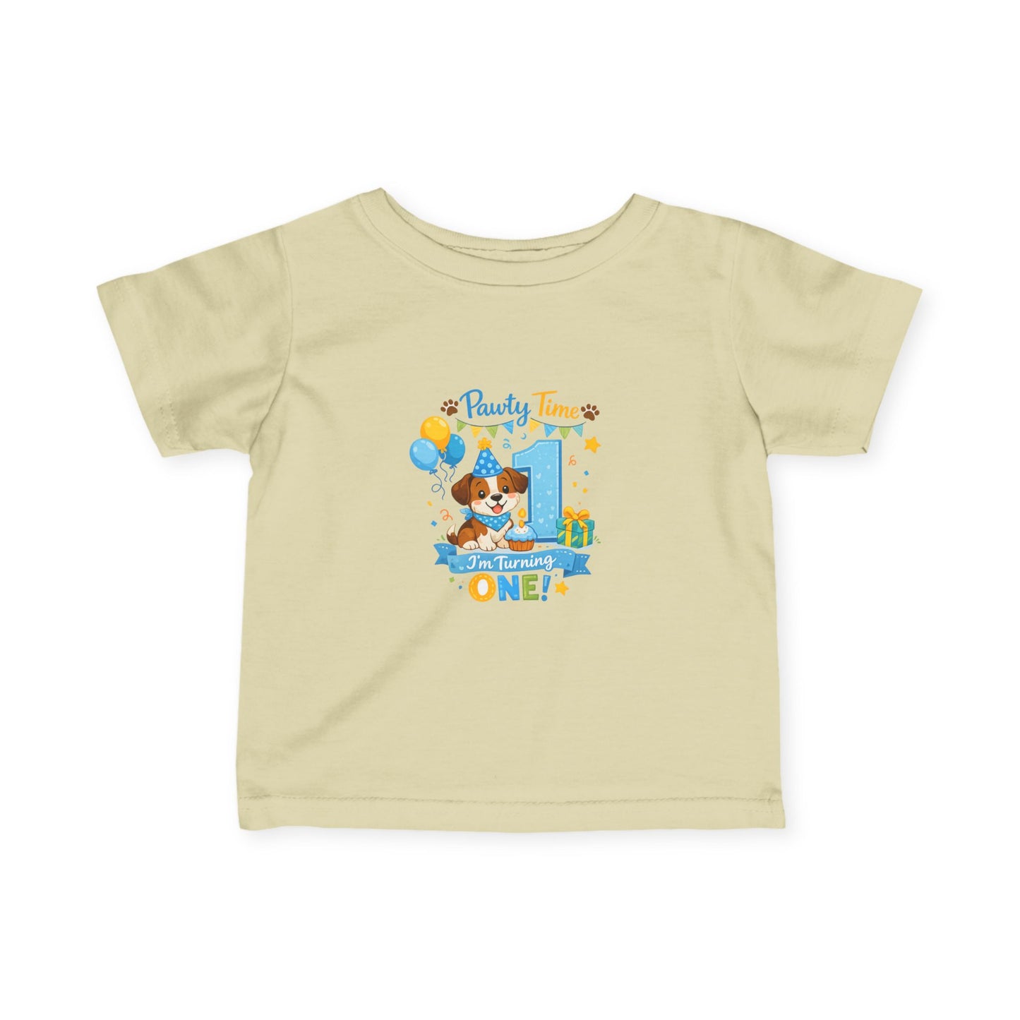 1st Birthday Infant Tee — "Party Time! Turning One" Cute Puppy Balloon Design