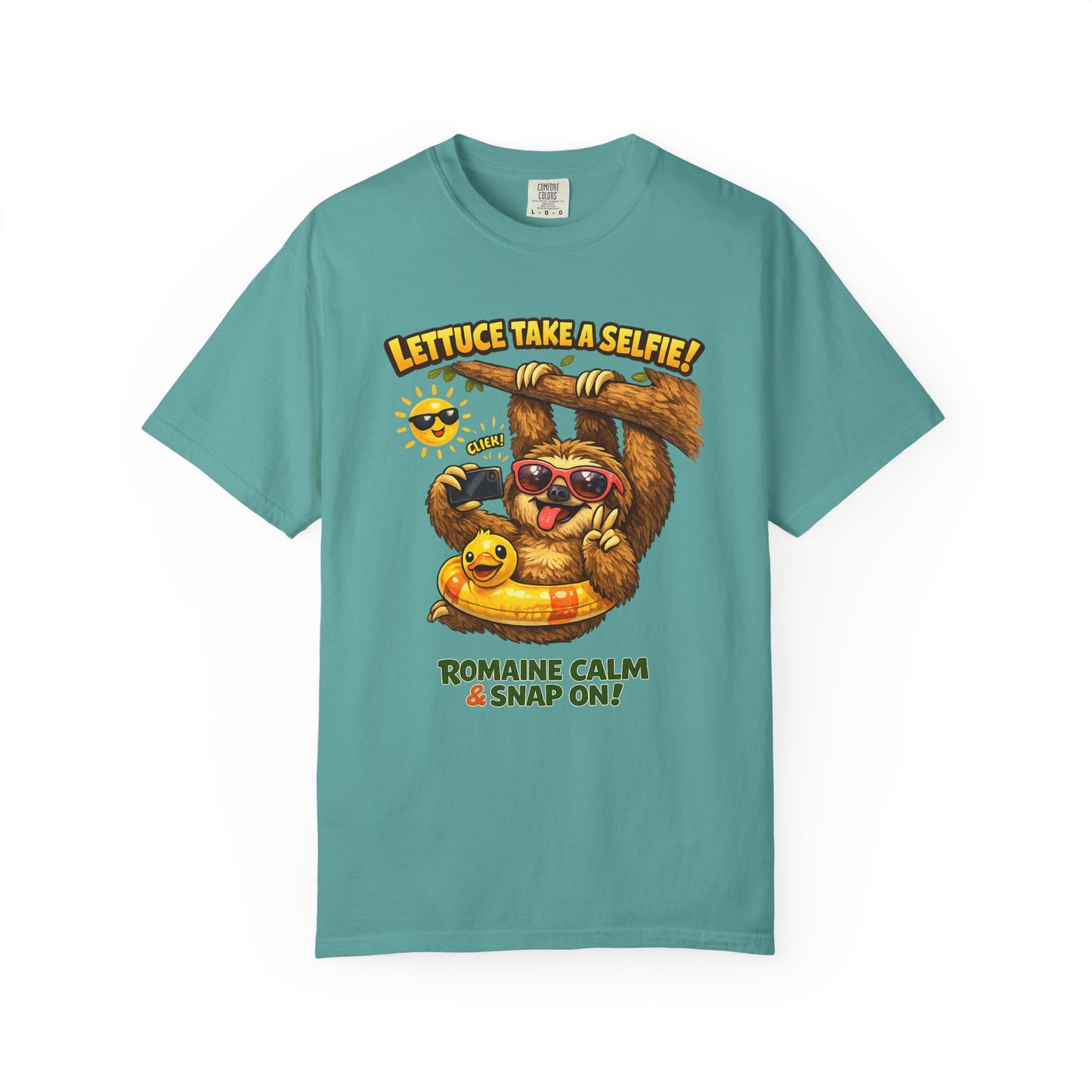 Romaine Calm & Snap On T-Shirt — 'Lettuce Take a Selfie' Sloth Graphic Tee