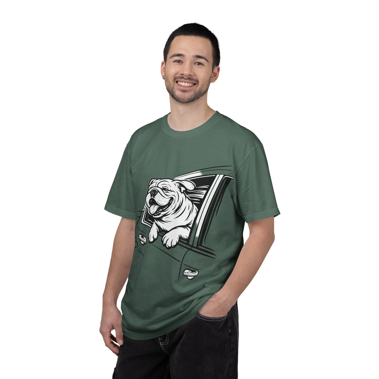 Bulldog Head Out Car Window T-Shirt — Cute Driving Dog Tee