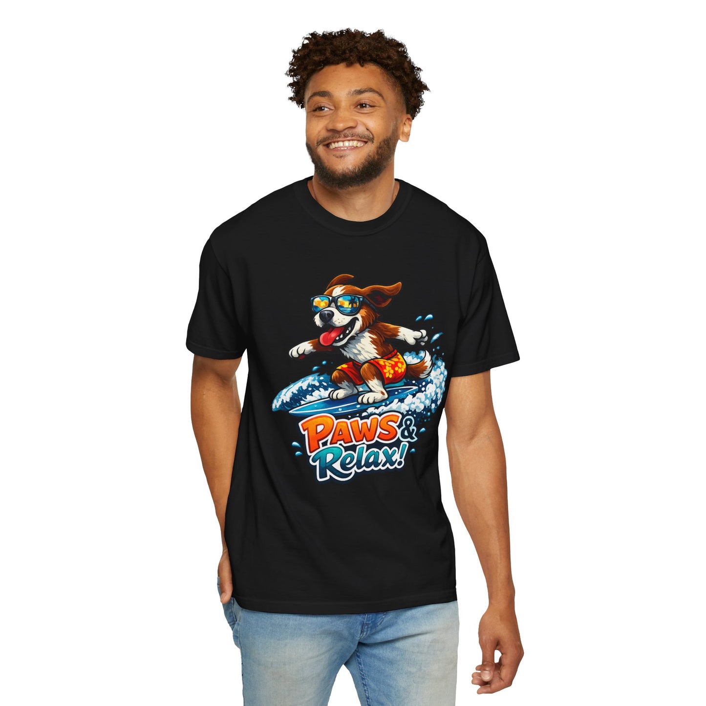 Surfing Dog T-Shirt — "Paws & Relax" Graphic Tee
