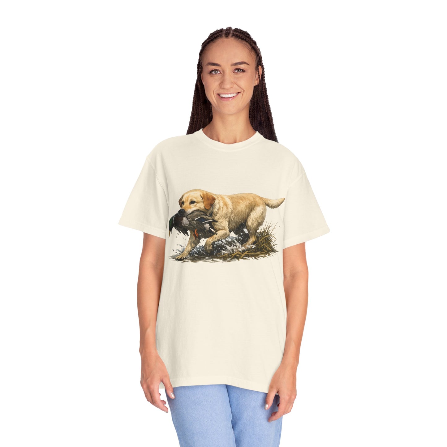 Labrador Retriever Hunting Dog T-Shirt — Yellow Lab with Duck Graphic
