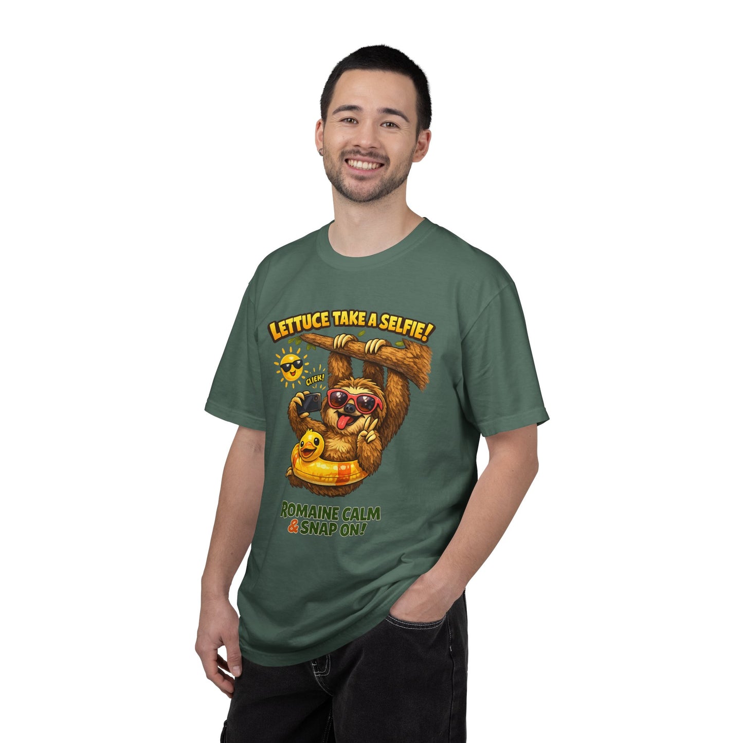 Romaine Calm & Snap On T-Shirt — 'Lettuce Take a Selfie' Sloth Graphic Tee