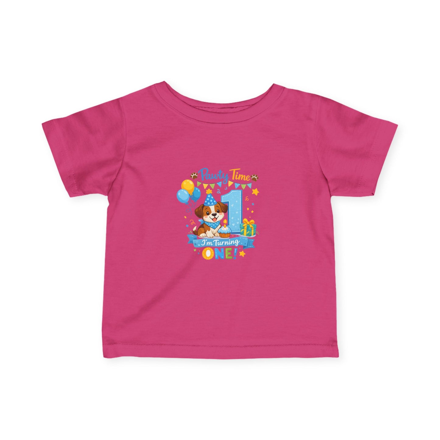 1st Birthday Infant Tee — "Party Time! Turning One" Cute Puppy Balloon Design