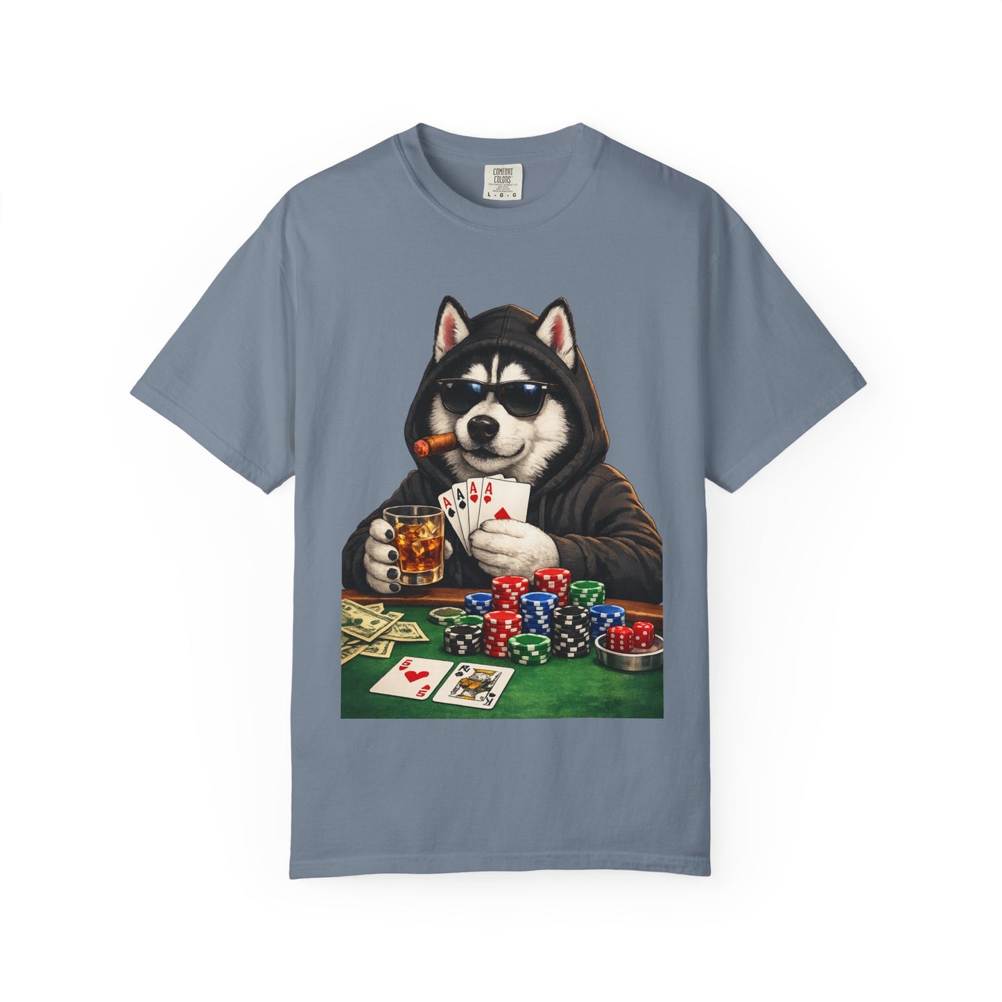 Poker Husky T-Shirt — Dog Playing Cards & Chips Graphic Tee
