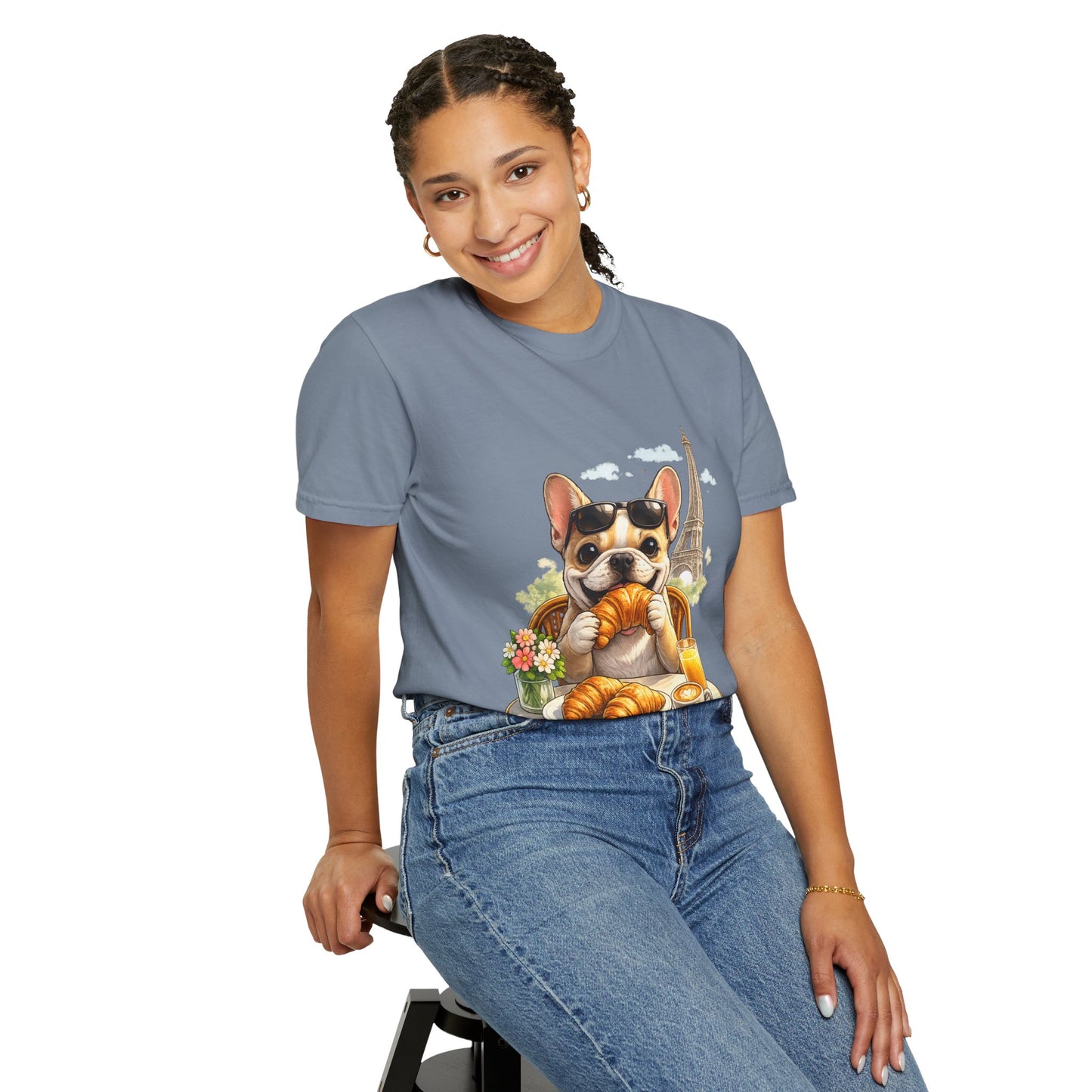 French Bulldog Breakfast T-Shirt — Croissant Café Tee with Eiffel Tower