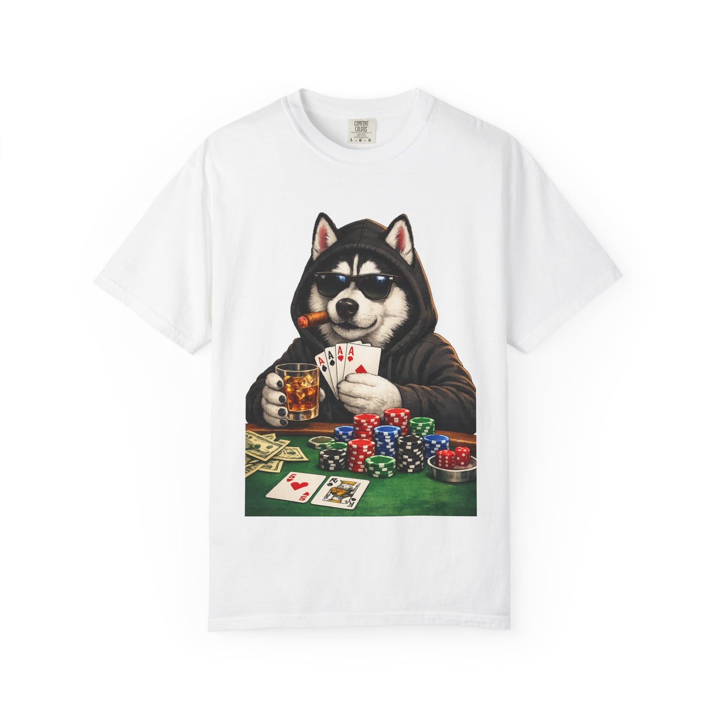 Poker Husky T-Shirt — Dog Playing Cards & Chips Graphic Tee