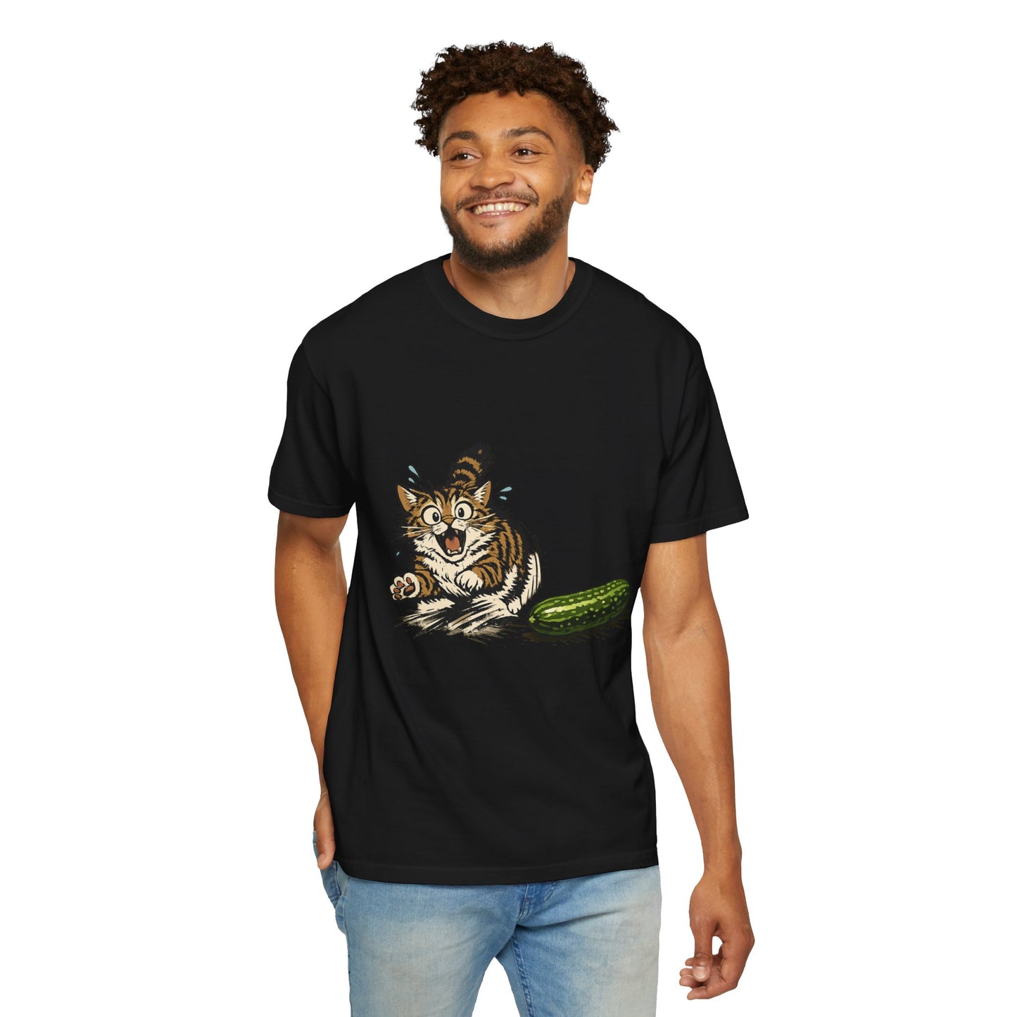 Cat and Cucumber Fear Graphic T-Shirt — Surprised Kitten with Cucumber Illustration