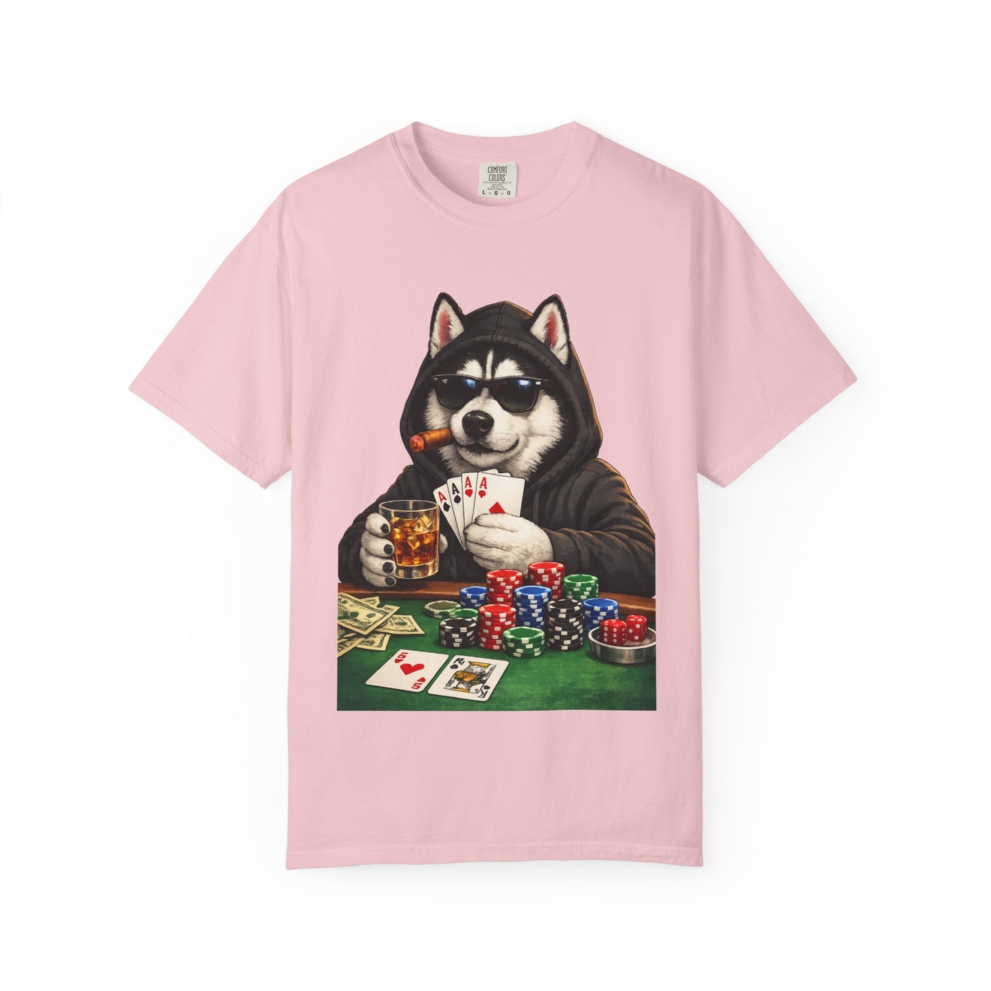 Poker Husky T-Shirt — Dog Playing Cards & Chips Graphic Tee