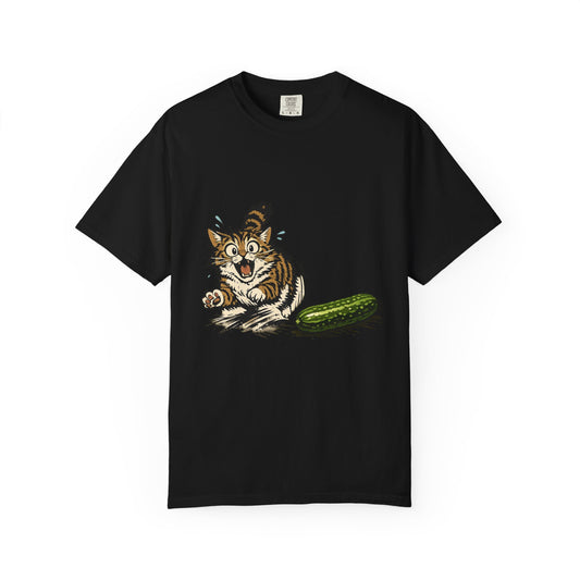 Cat and Cucumber Fear Graphic T-Shirt — Surprised Kitten with Cucumber Illustration