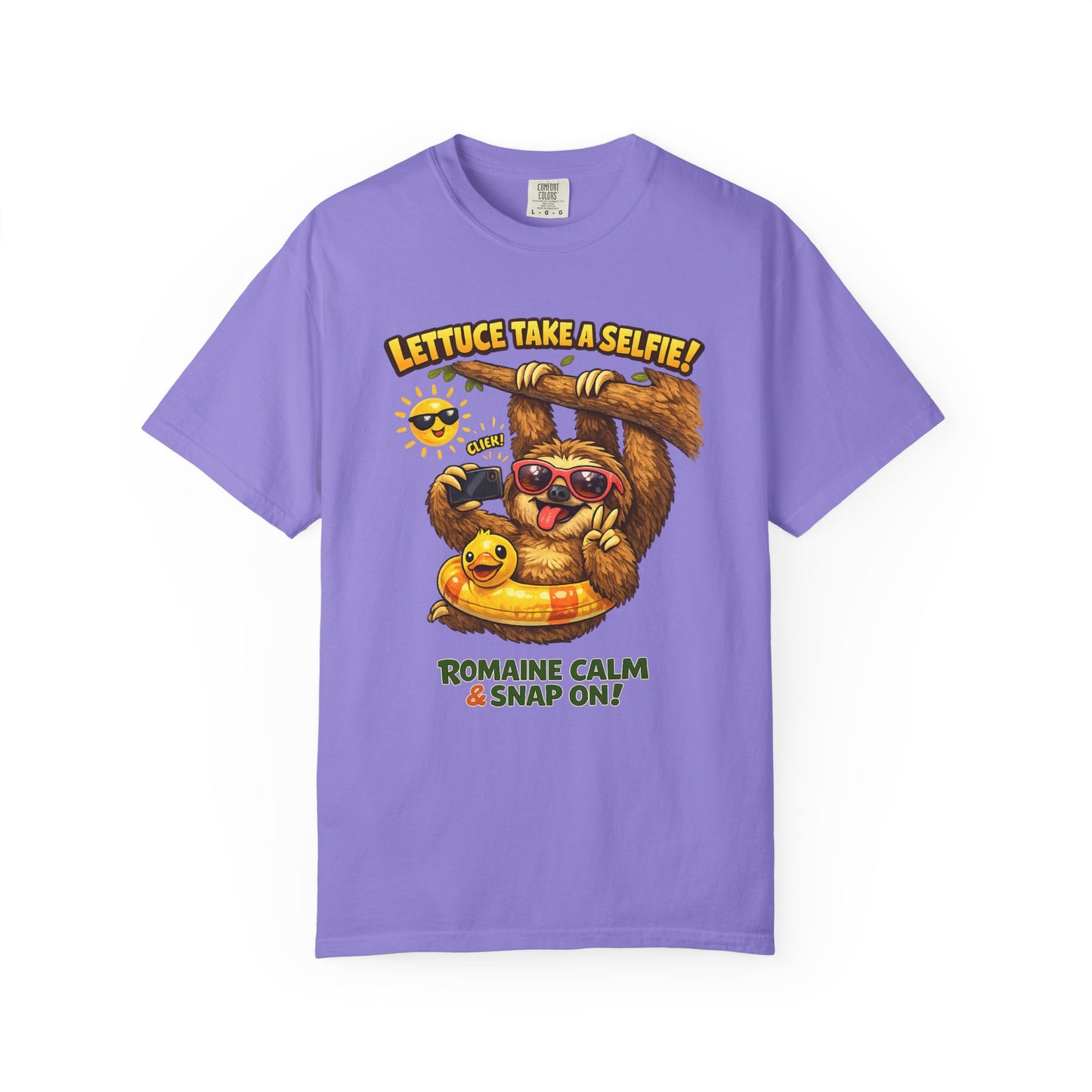 Romaine Calm & Snap On T-Shirt — 'Lettuce Take a Selfie' Sloth Graphic Tee