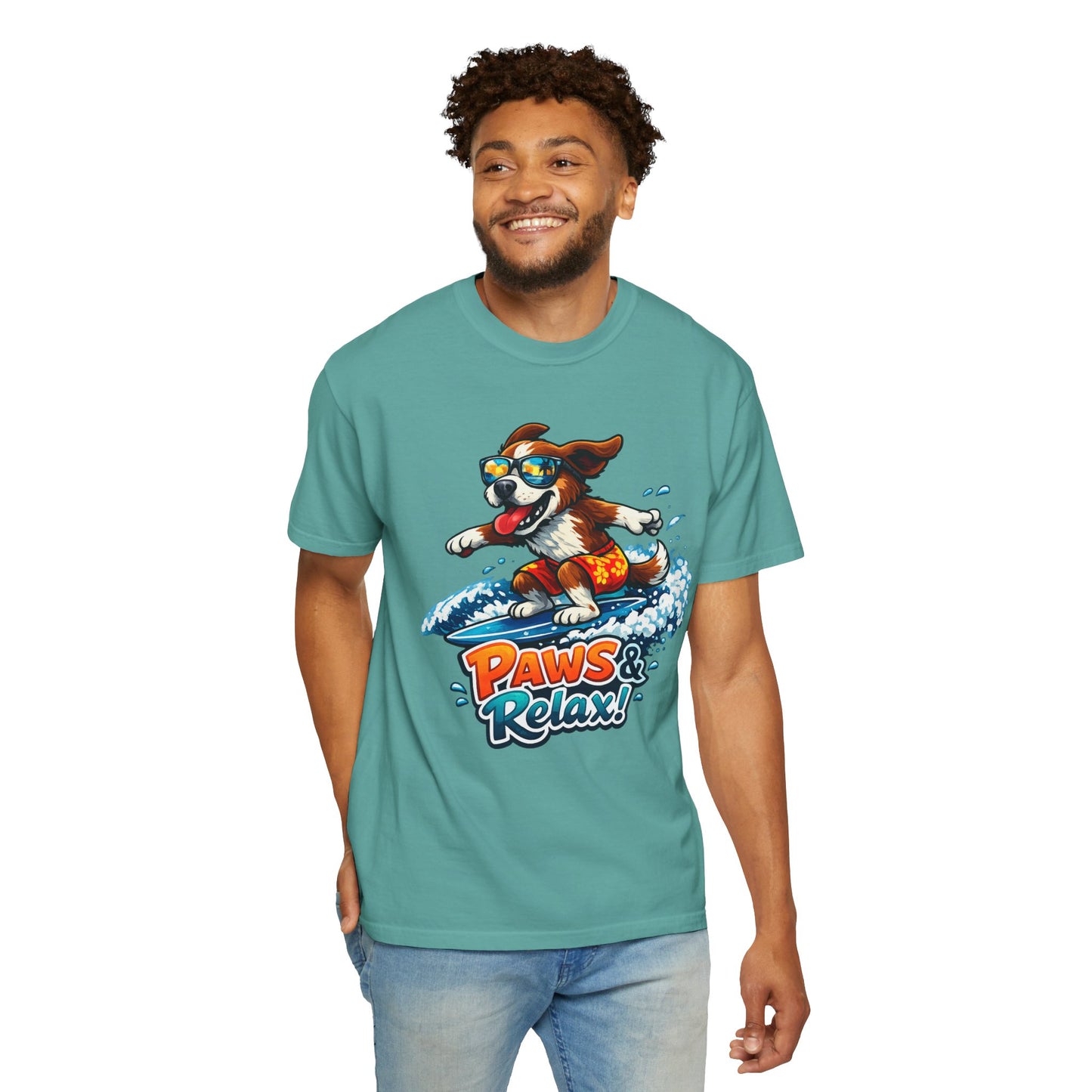 Surfing Dog T-Shirt — "Paws & Relax" Graphic Tee