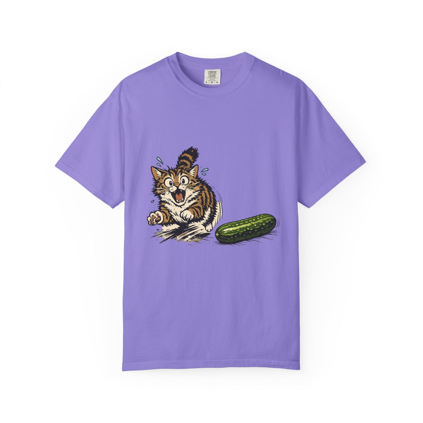 Cat and Cucumber Fear Graphic T-Shirt — Surprised Kitten with Cucumber Illustration
