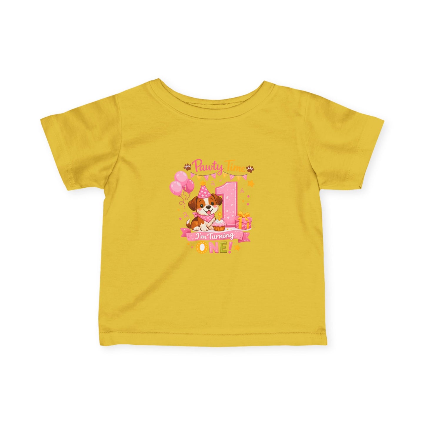 Girls First Birthday Infant Tee — "Party Time One!" Pink Puppy 1st Birthday Shirt