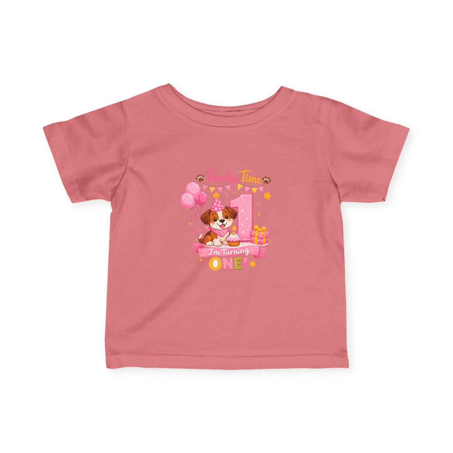 Girls First Birthday Infant Tee — "Party Time One!" Pink Puppy 1st Birthday Shirt