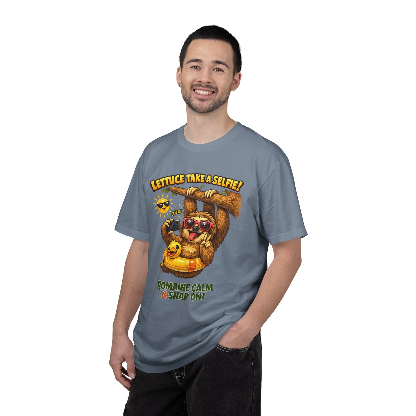 Romaine Calm & Snap On T-Shirt — 'Lettuce Take a Selfie' Sloth Graphic Tee