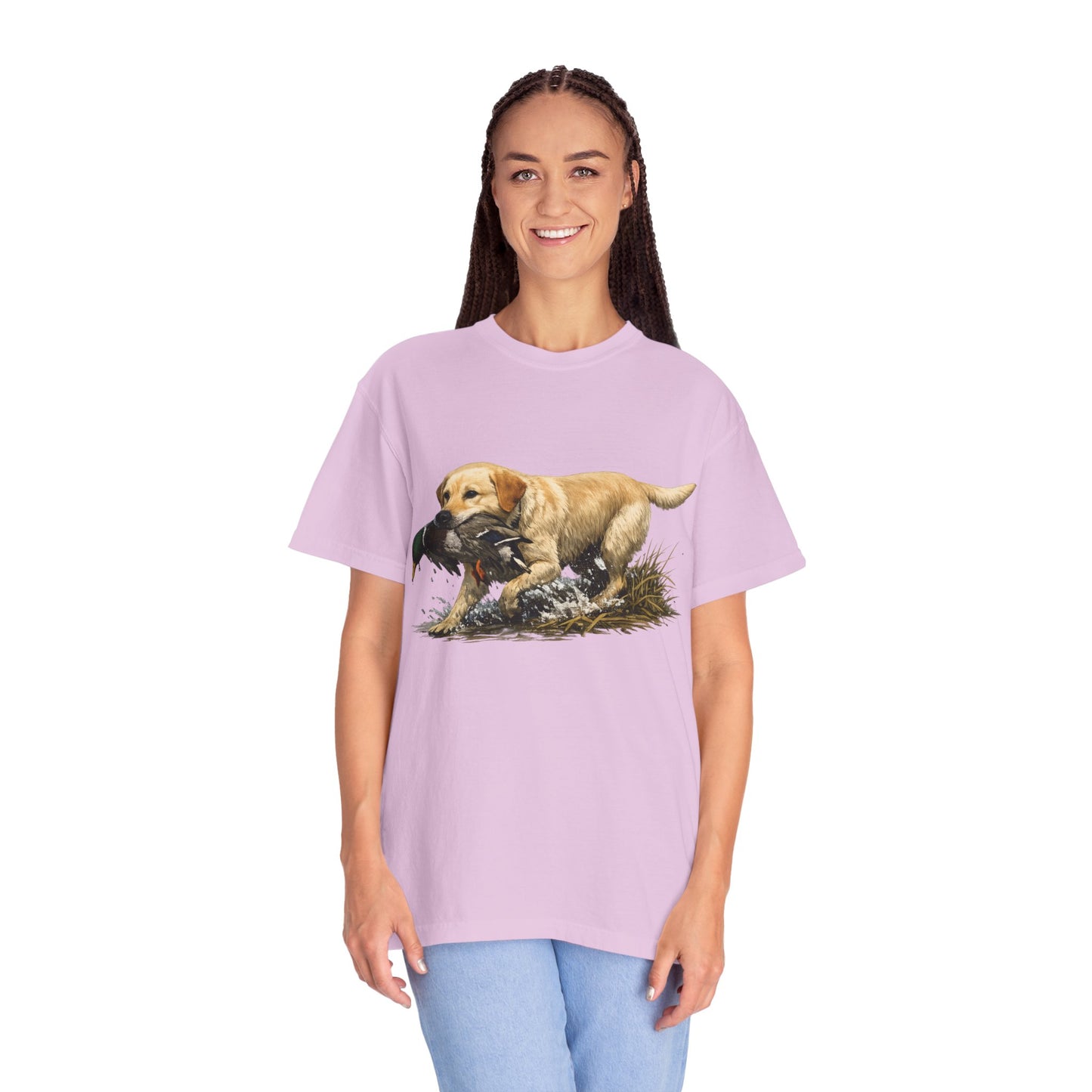 Labrador Retriever Hunting Dog T-Shirt — Yellow Lab with Duck Graphic