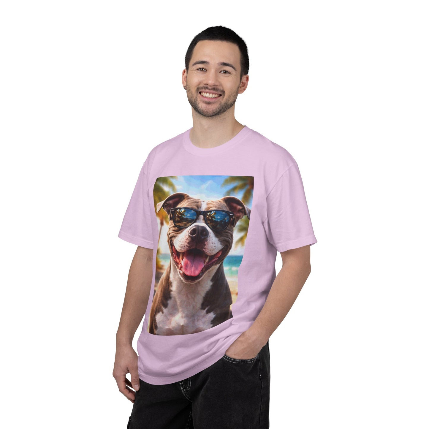 Happy Dog in Sunglasses T-Shirt — Summer Beach Pitbull Graphic Tee