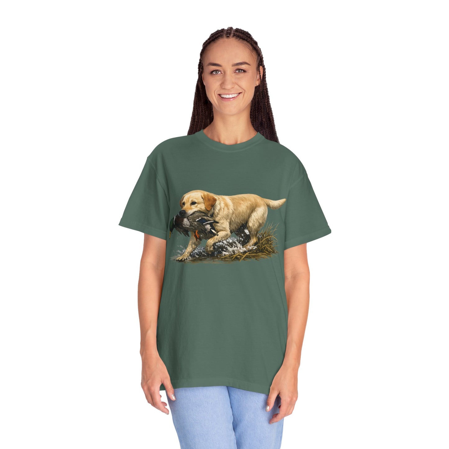 Labrador Retriever Hunting Dog T-Shirt — Yellow Lab with Duck Graphic