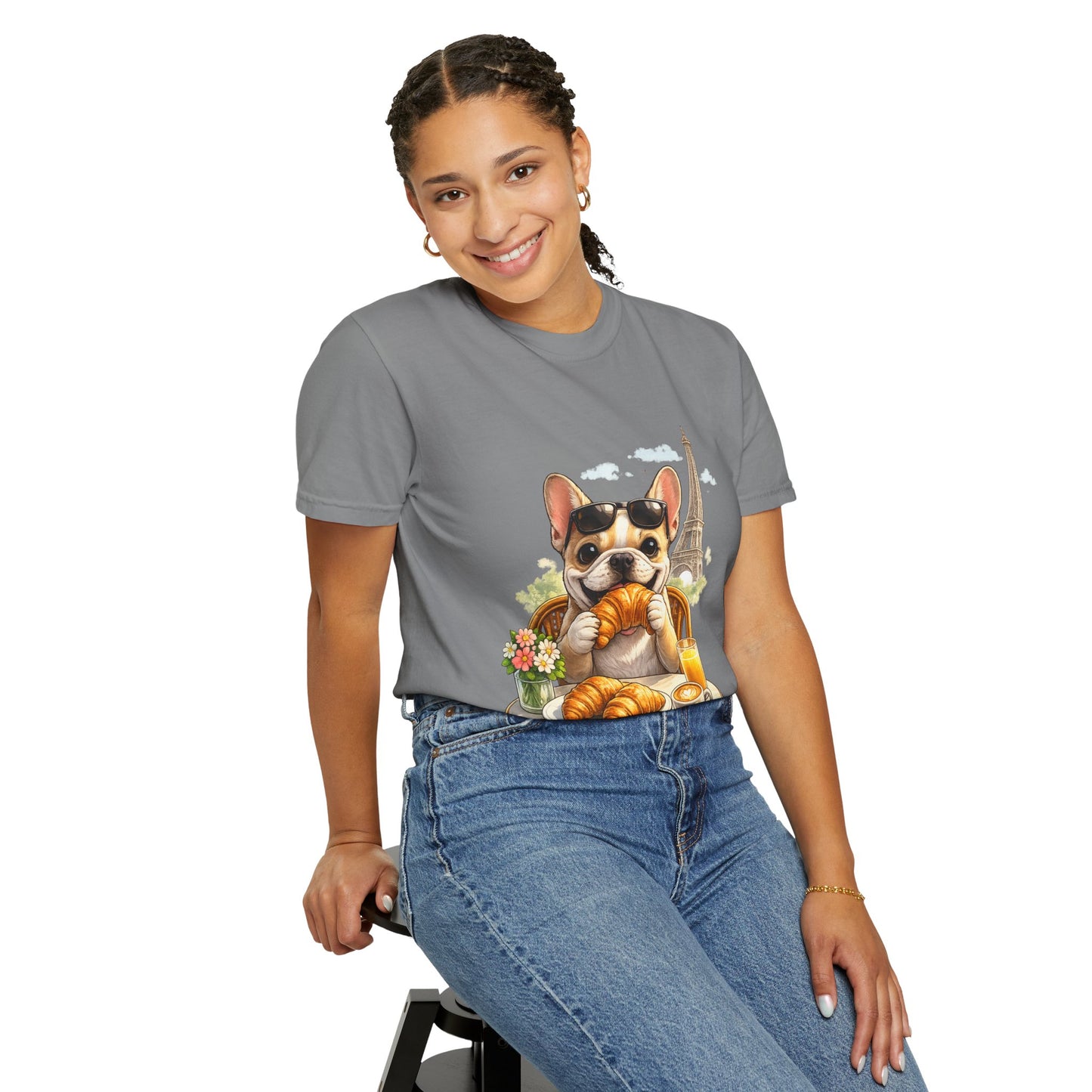 French Bulldog Breakfast T-Shirt — Croissant Café Tee with Eiffel Tower