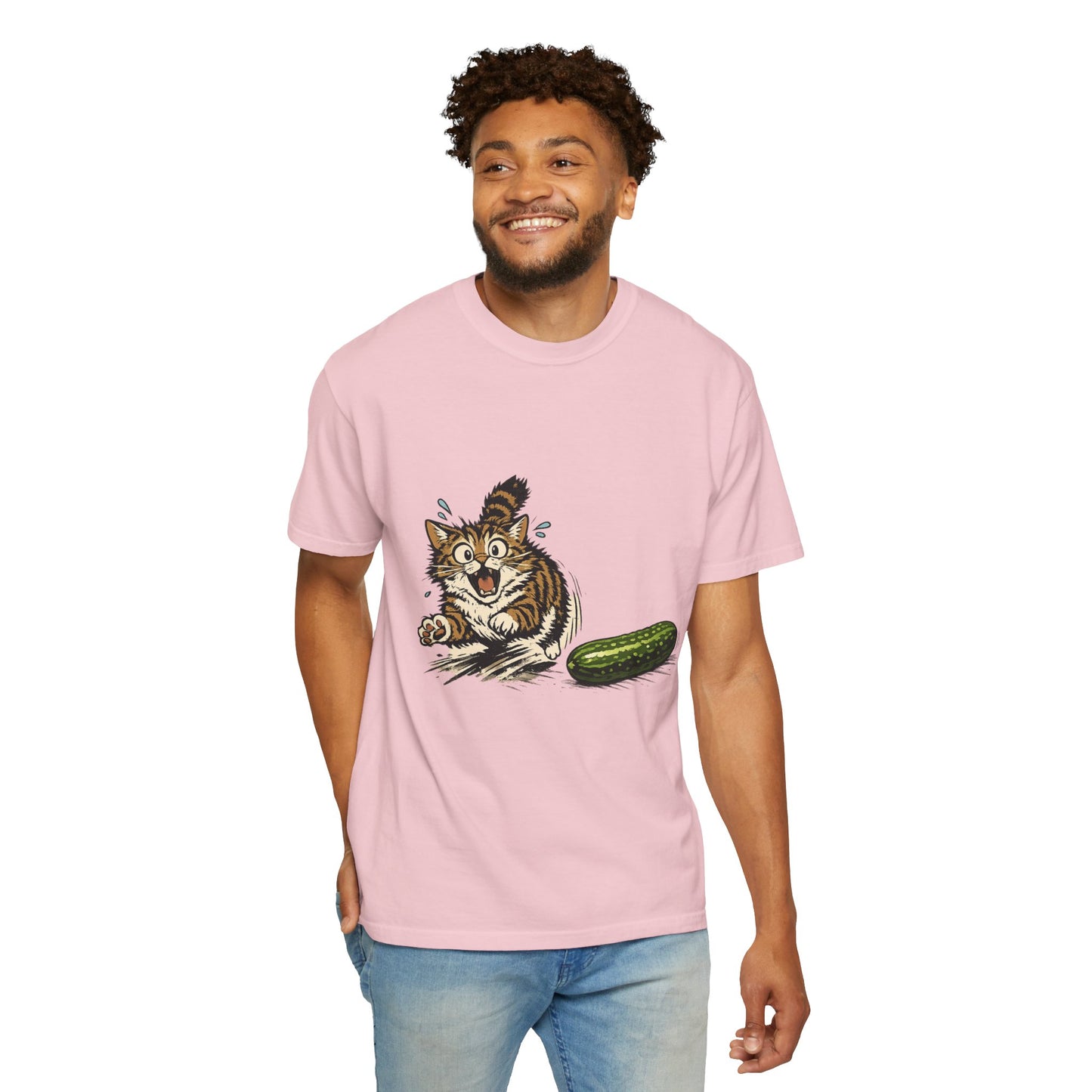 Cat and Cucumber Fear Graphic T-Shirt — Surprised Kitten with Cucumber Illustration
