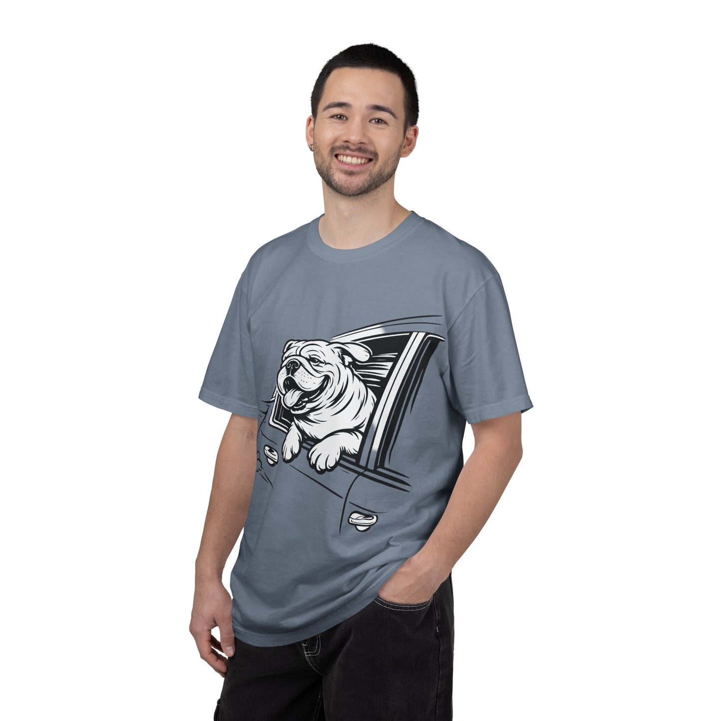 Bulldog Head Out Car Window T-Shirt — Cute Driving Dog Tee