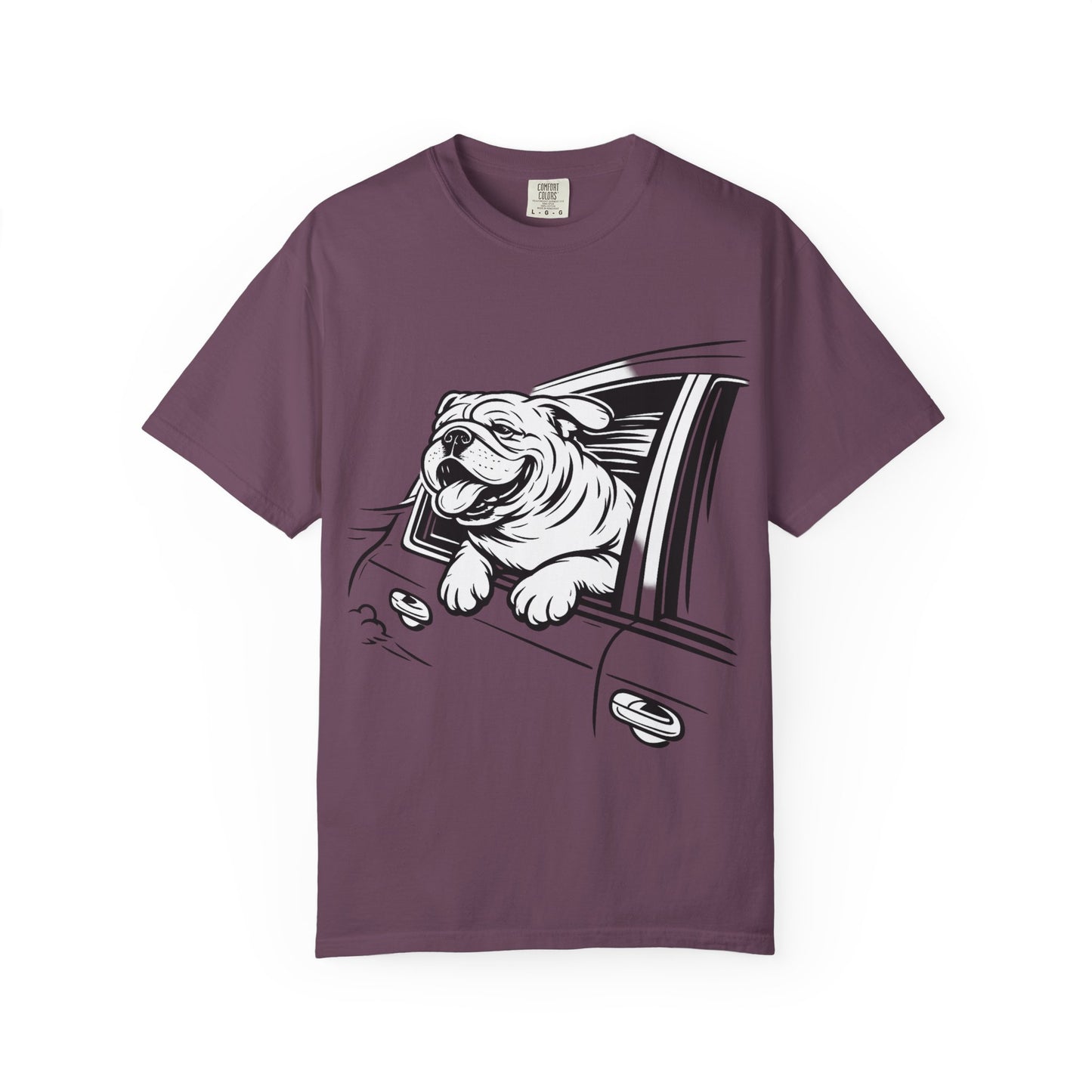 Bulldog Head Out Car Window T-Shirt — Cute Driving Dog Tee