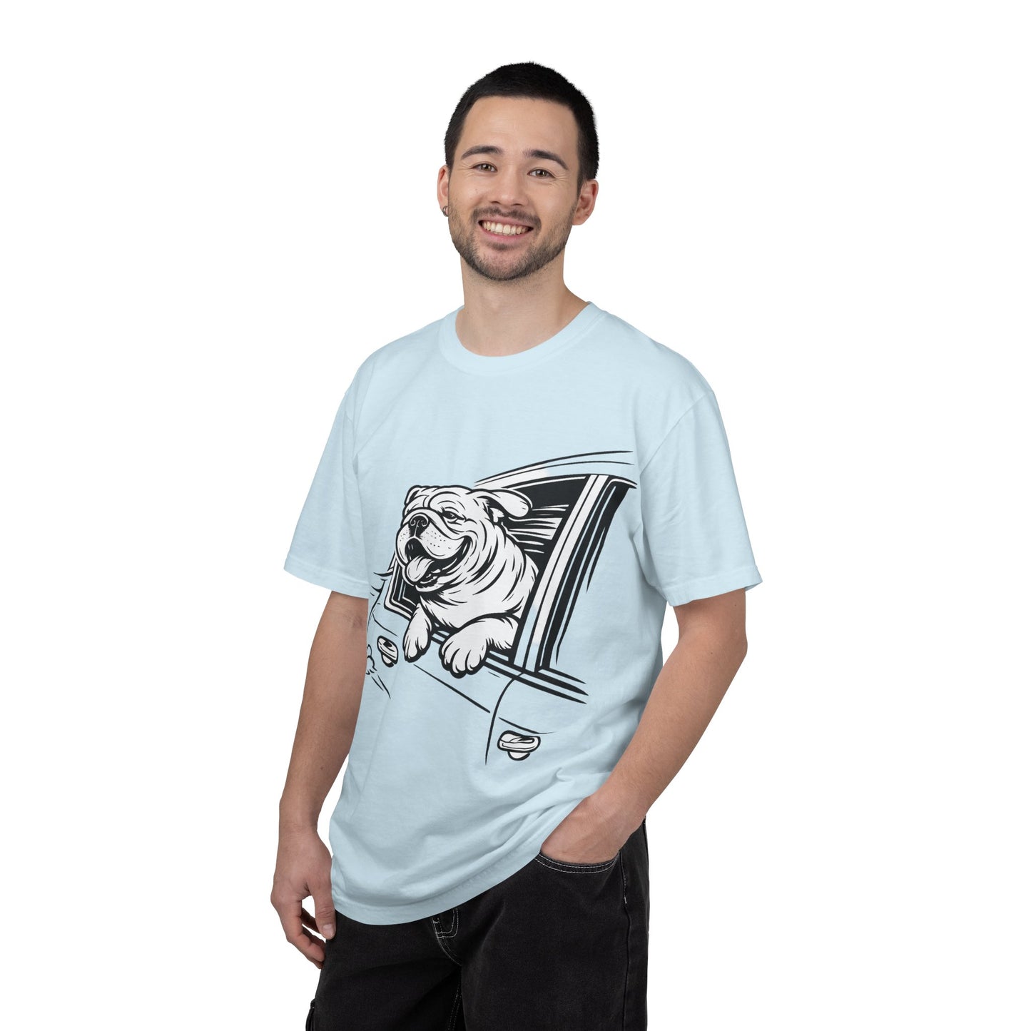 Bulldog Head Out Car Window T-Shirt — Cute Driving Dog Tee