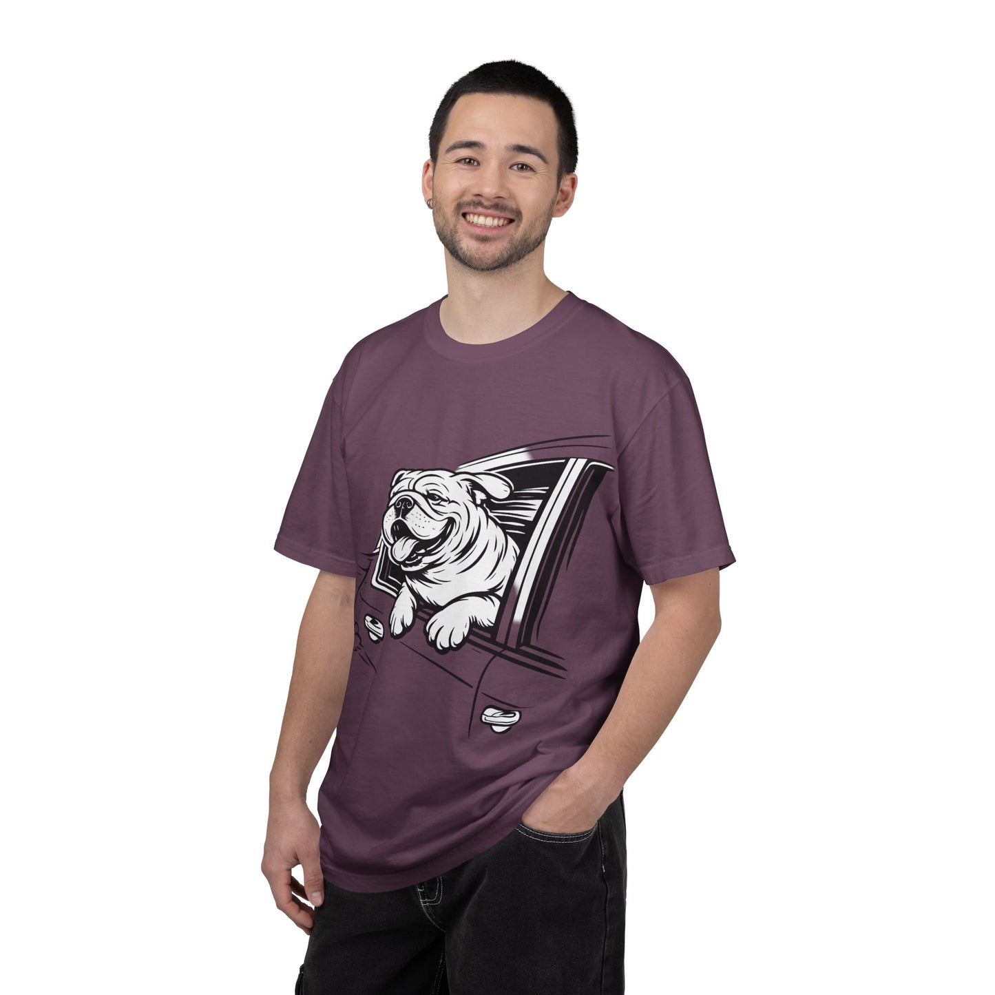 Bulldog Head Out Car Window T-Shirt — Cute Driving Dog Tee