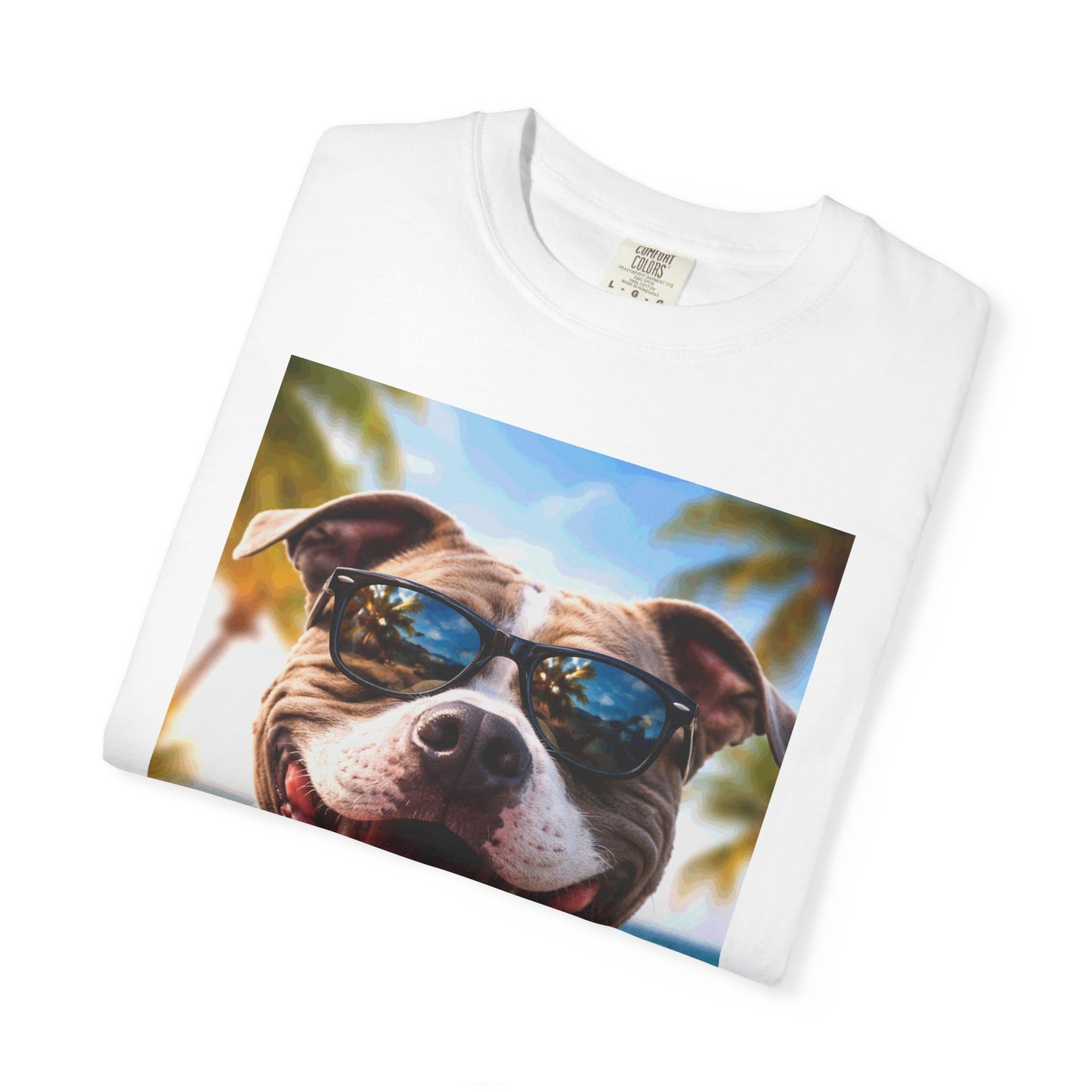 Happy Dog in Sunglasses T-Shirt — Summer Beach Pitbull Graphic Tee
