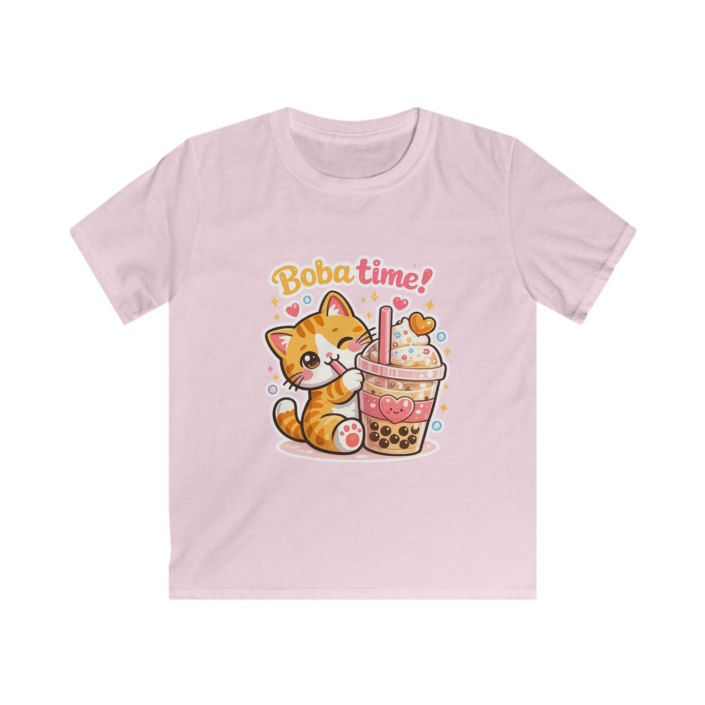 Cute Cat Drinking Boba-Kids Softstyle Tee