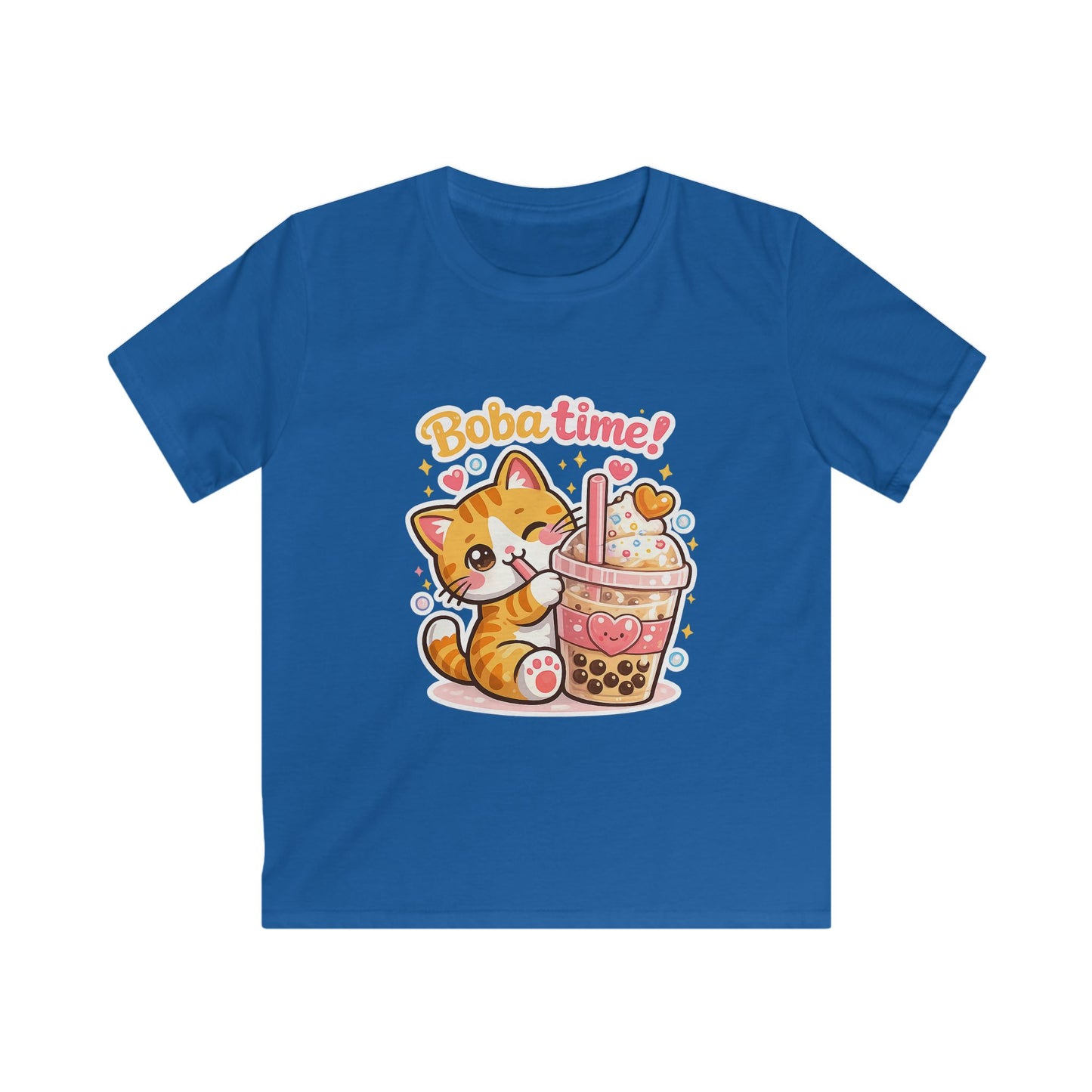 Cute Cat Drinking Boba-Kids Softstyle Tee