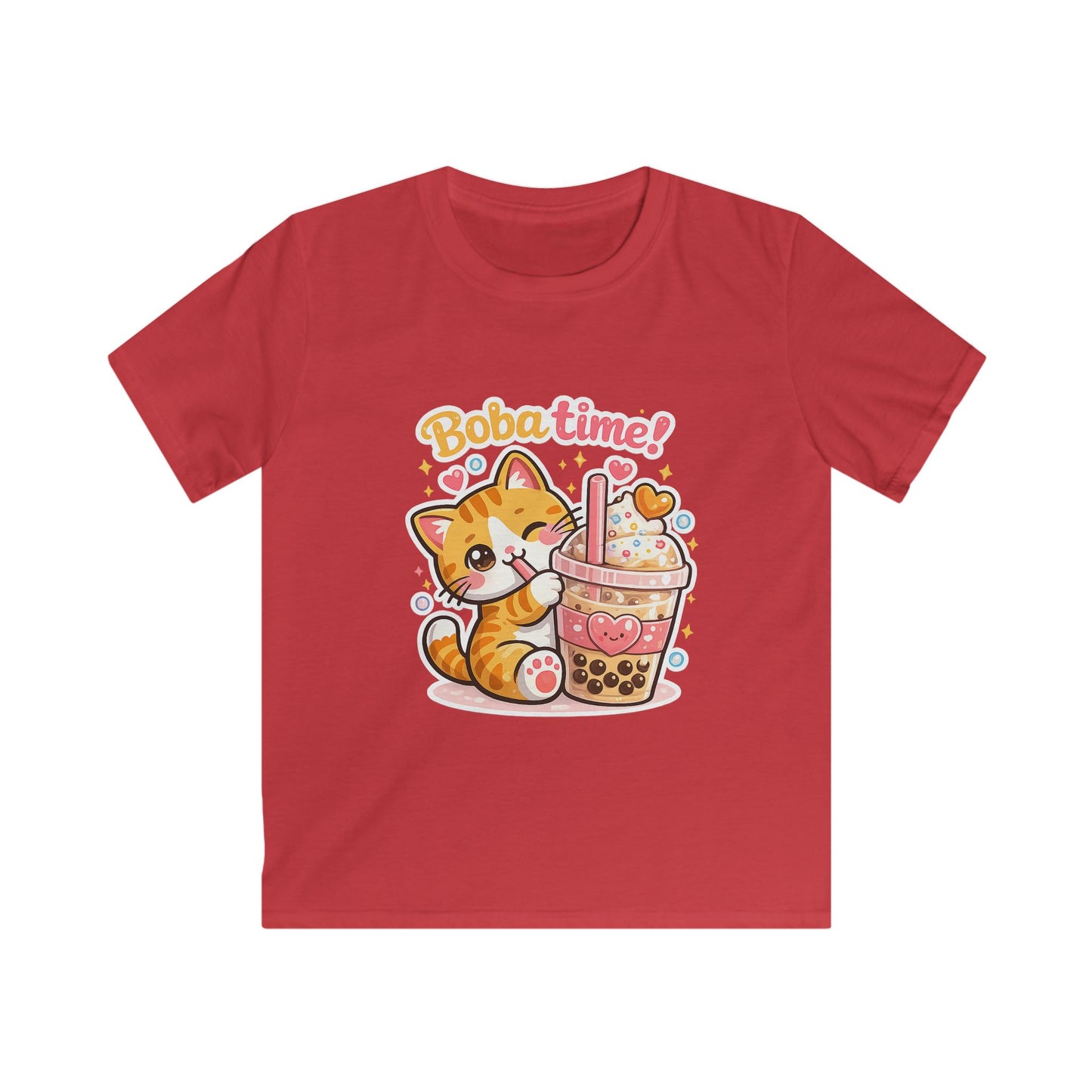 Cute Cat Drinking Boba-Kids Softstyle Tee