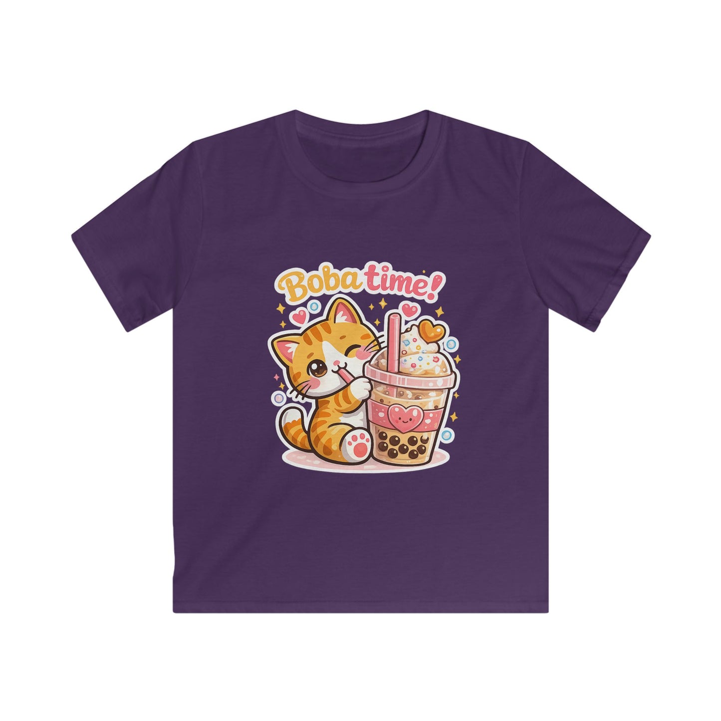 Cute Cat Drinking Boba-Kids Softstyle Tee