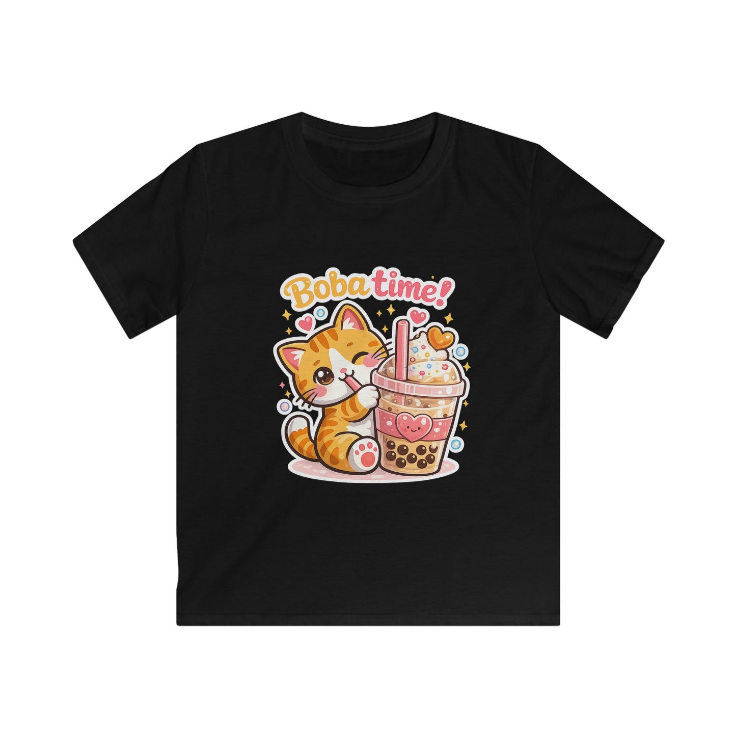 Cute Cat Drinking Boba-Kids Softstyle Tee