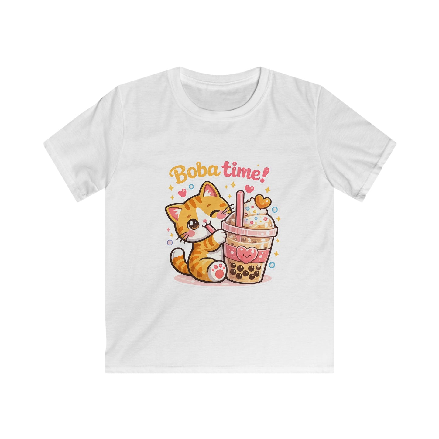 Cute Cat Drinking Boba-Kids Softstyle Tee