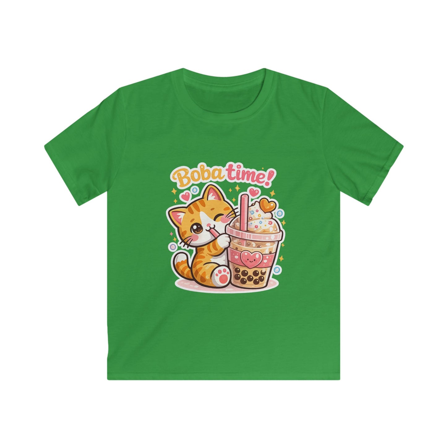 Cute Cat Drinking Boba-Kids Softstyle Tee