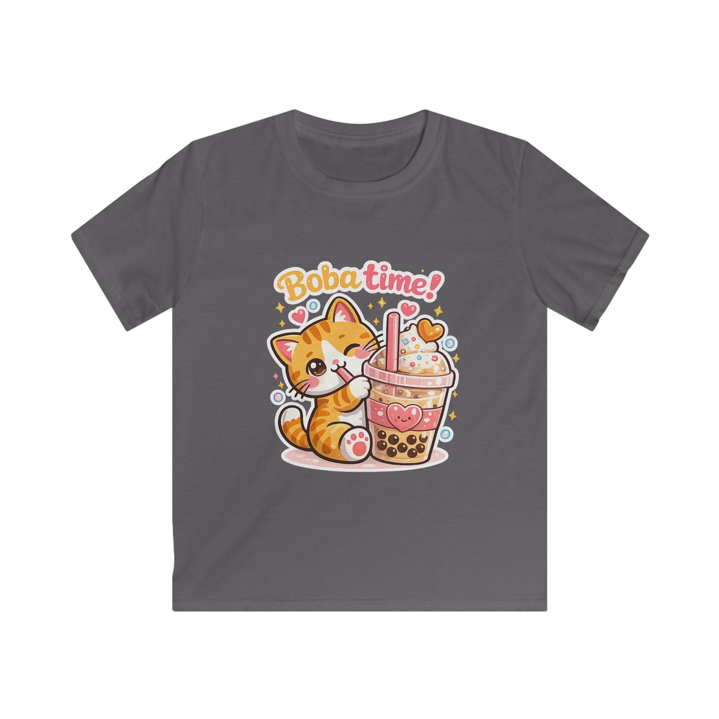 Cute Cat Drinking Boba-Kids Softstyle Tee