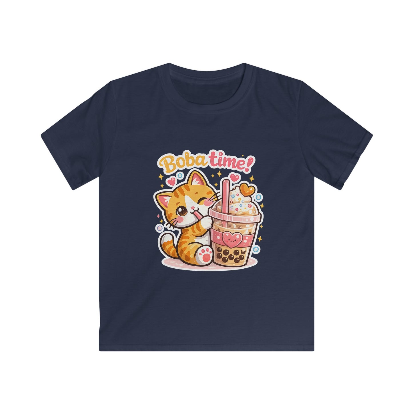 Cute Cat Drinking Boba-Kids Softstyle Tee