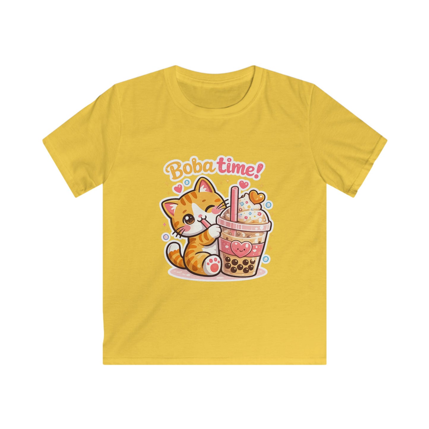 Cute Cat Drinking Boba-Kids Softstyle Tee