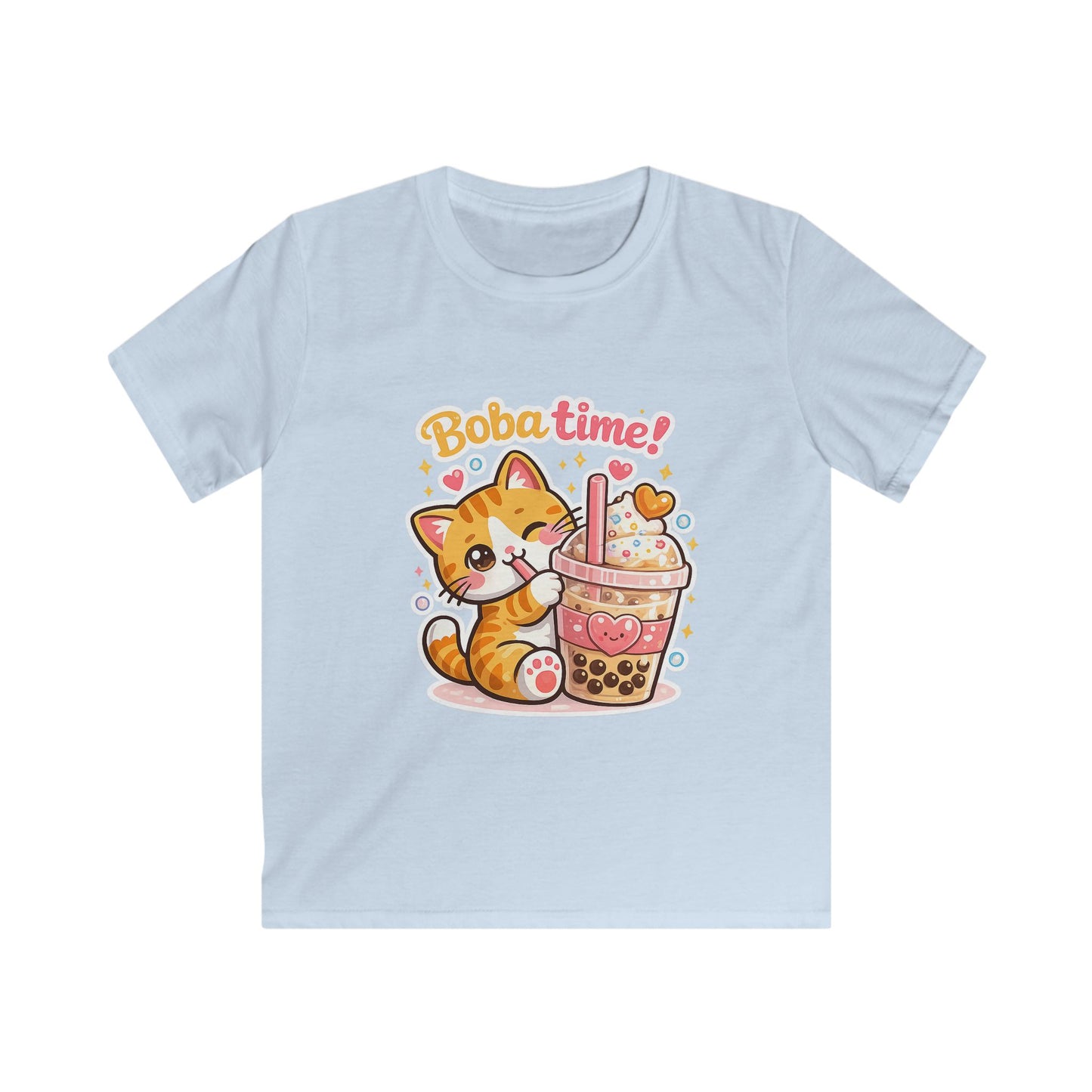 Cute Cat Drinking Boba-Kids Softstyle Tee