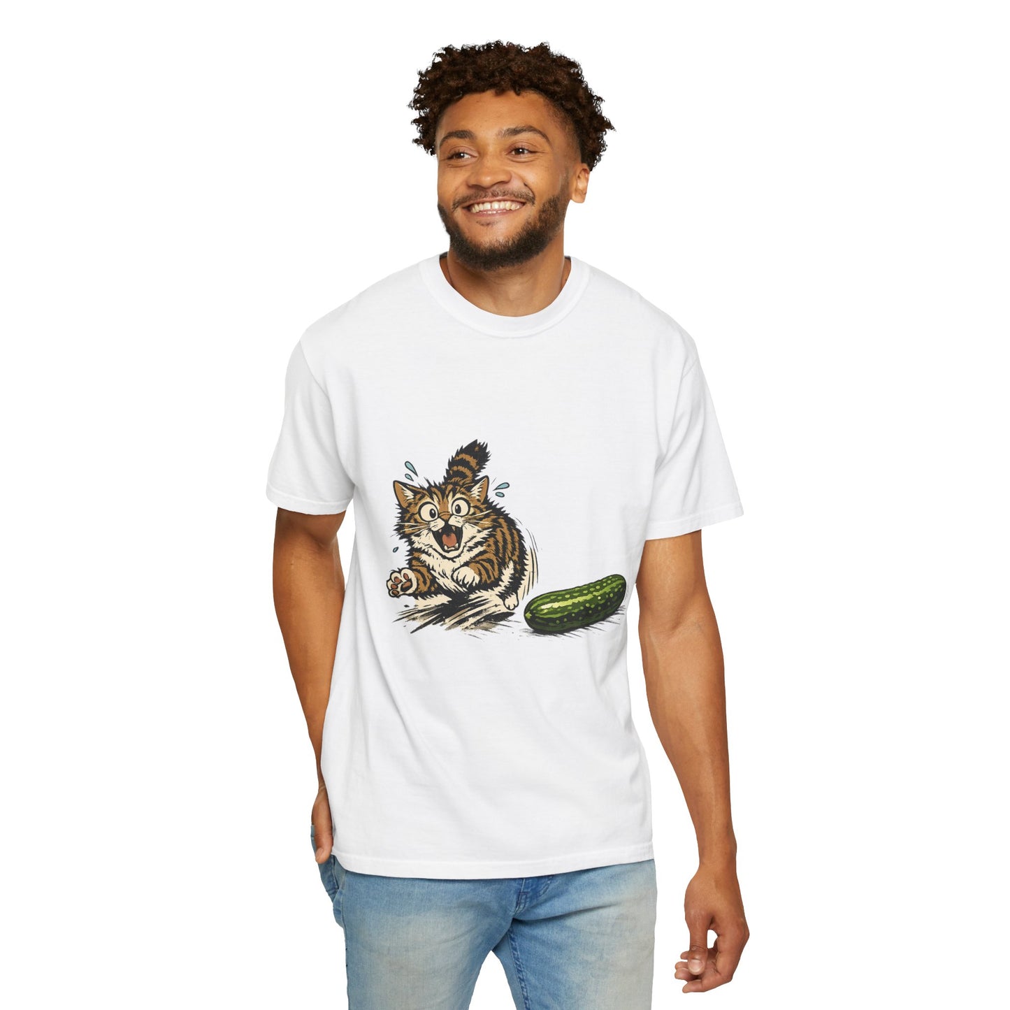 Cat and Cucumber Fear Graphic T-Shirt — Surprised Kitten with Cucumber Illustration