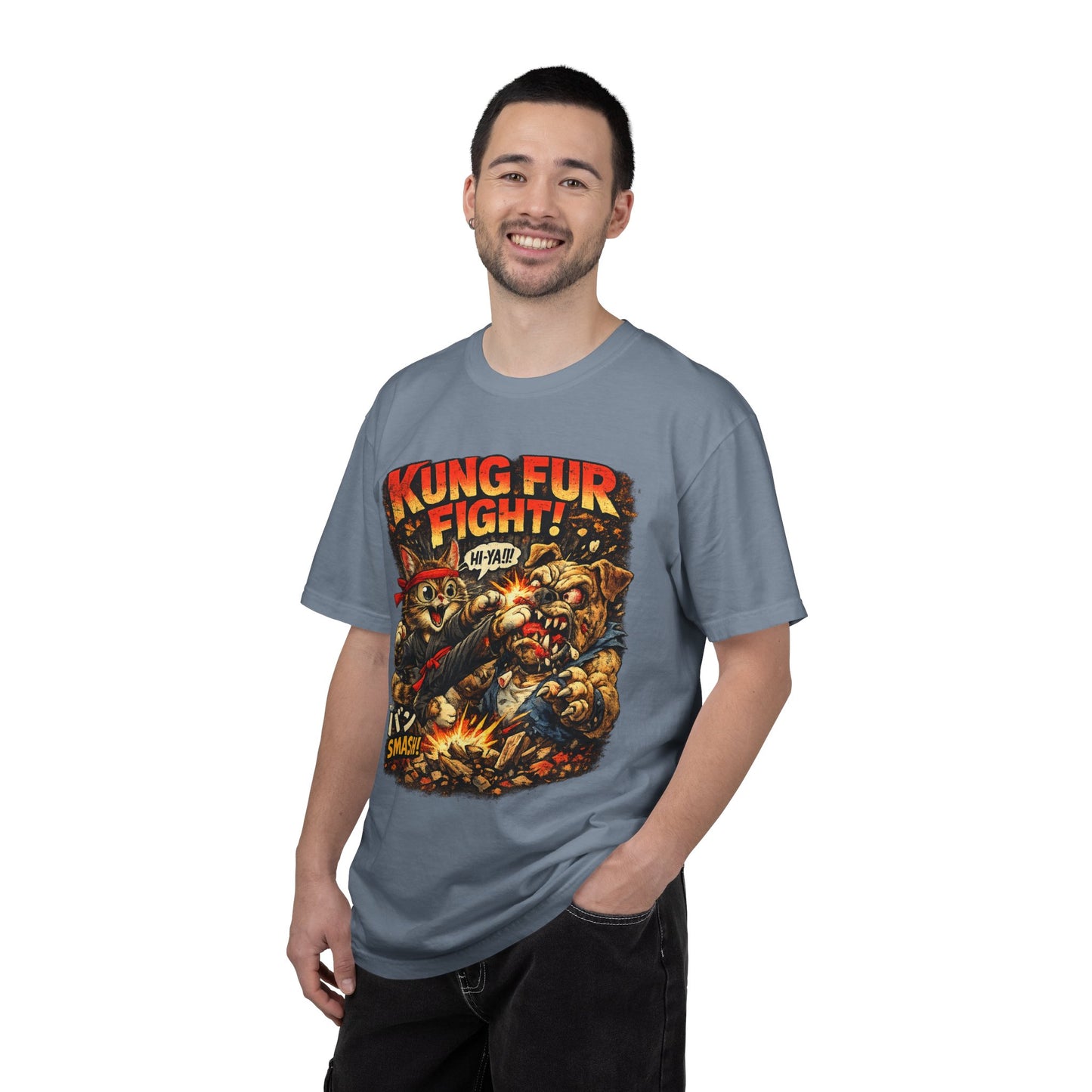 Kung Fur Fight T-Shirt — Retro Cat vs Dog Martial Arts Graphic Tee