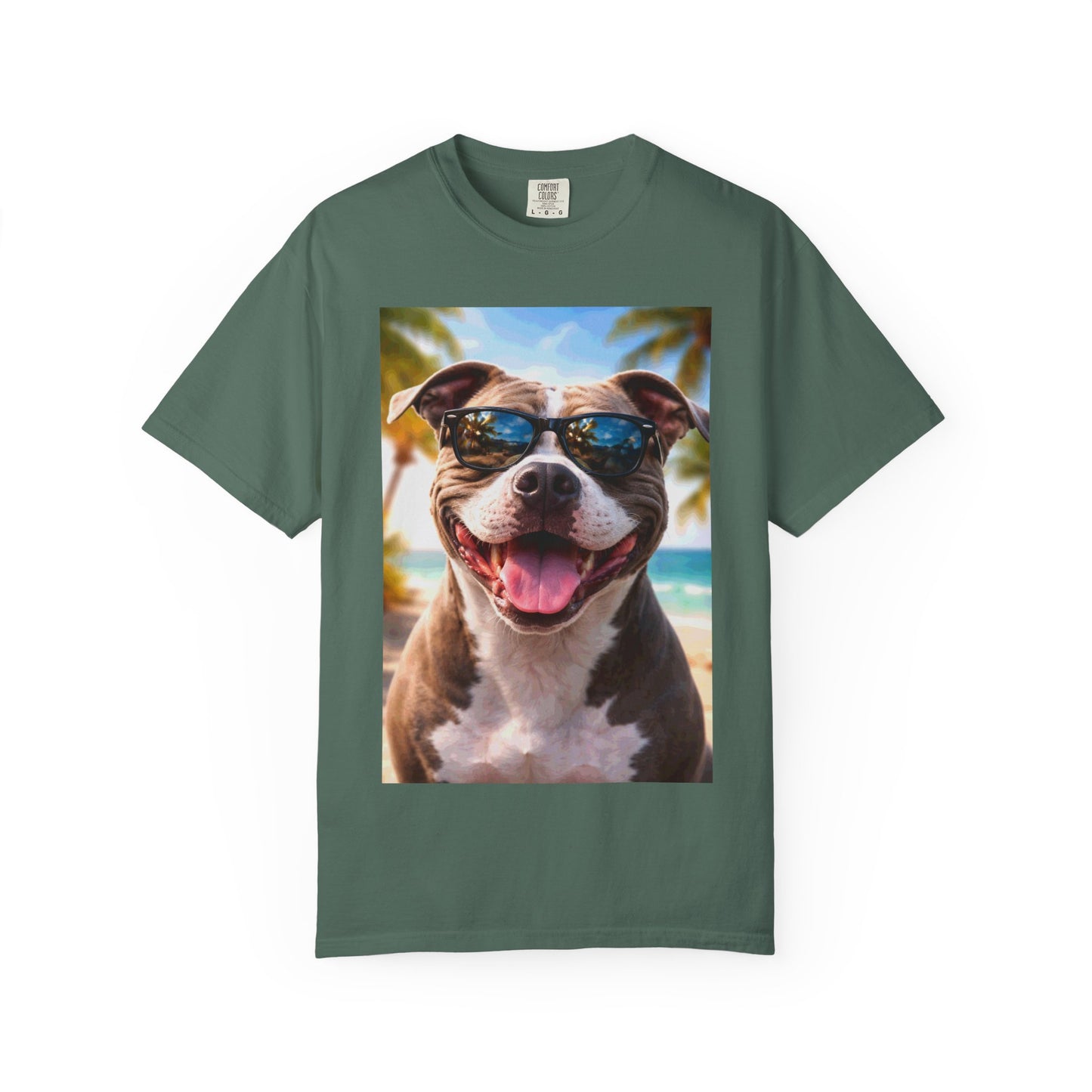 Happy Dog in Sunglasses T-Shirt — Summer Beach Pitbull Graphic Tee