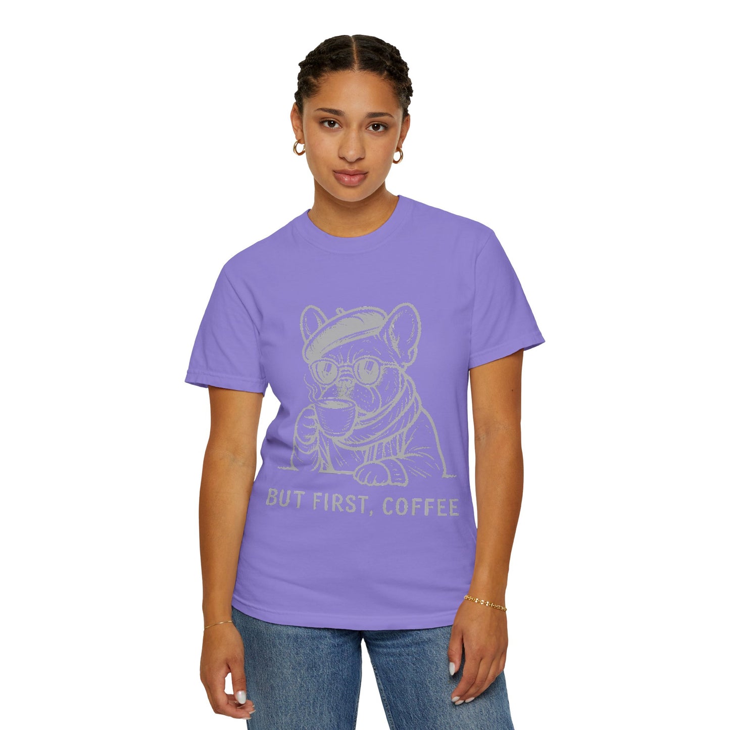 But First, Coffee T-Shirt — French Bulldog Drinking Coffee Graphic Tee